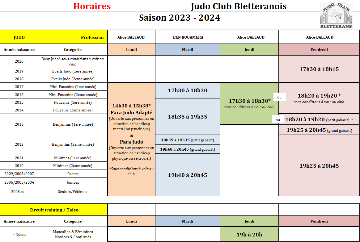 Horaires 2023 2024 jcb